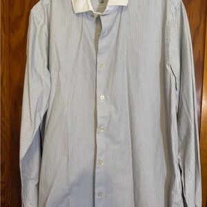 Express Men's White and Blue Pinstripe Dress Shirt
